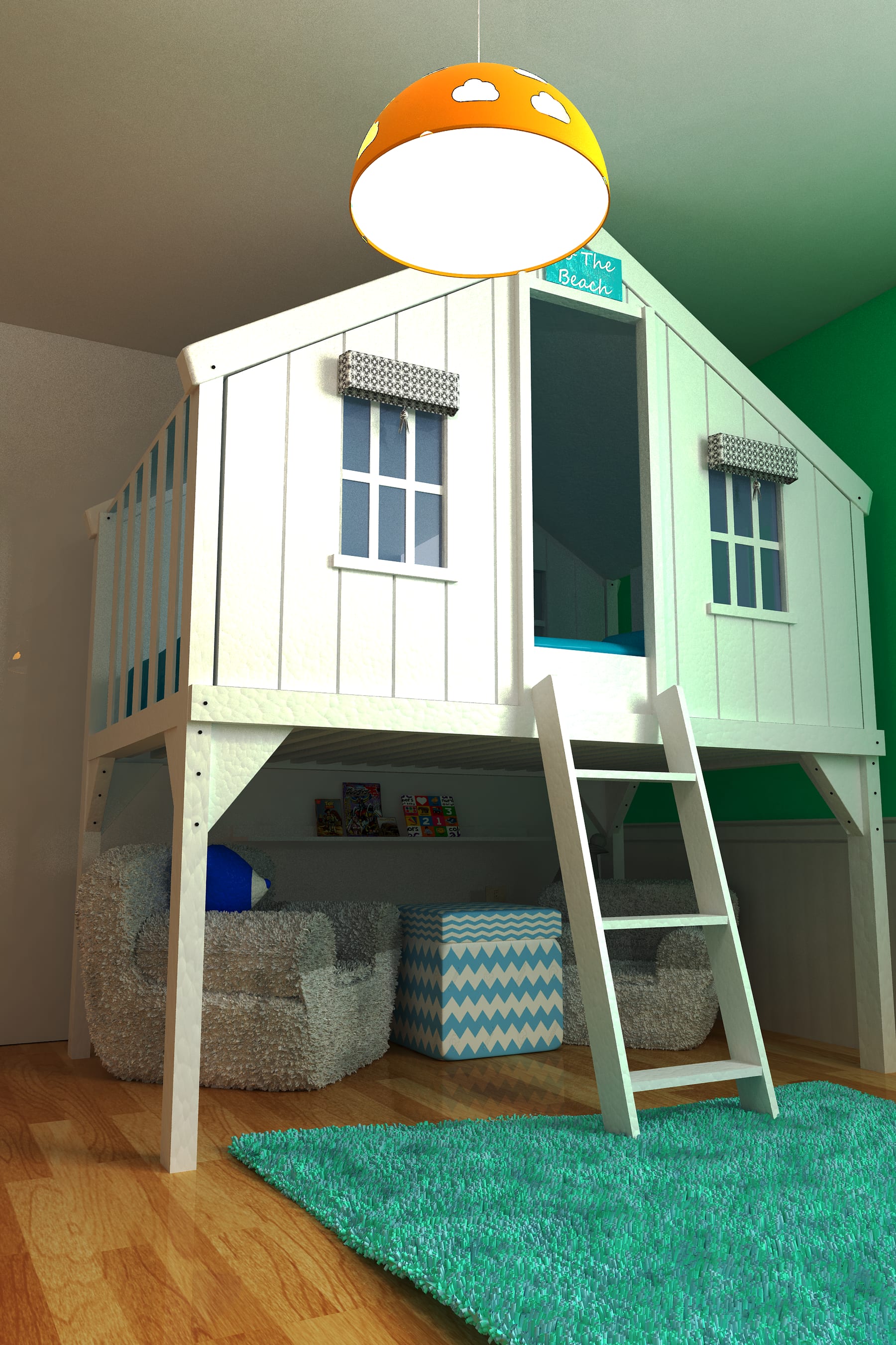3D render of a brightly coloured children’s bedroom with toys, decorations, and playful furniture.