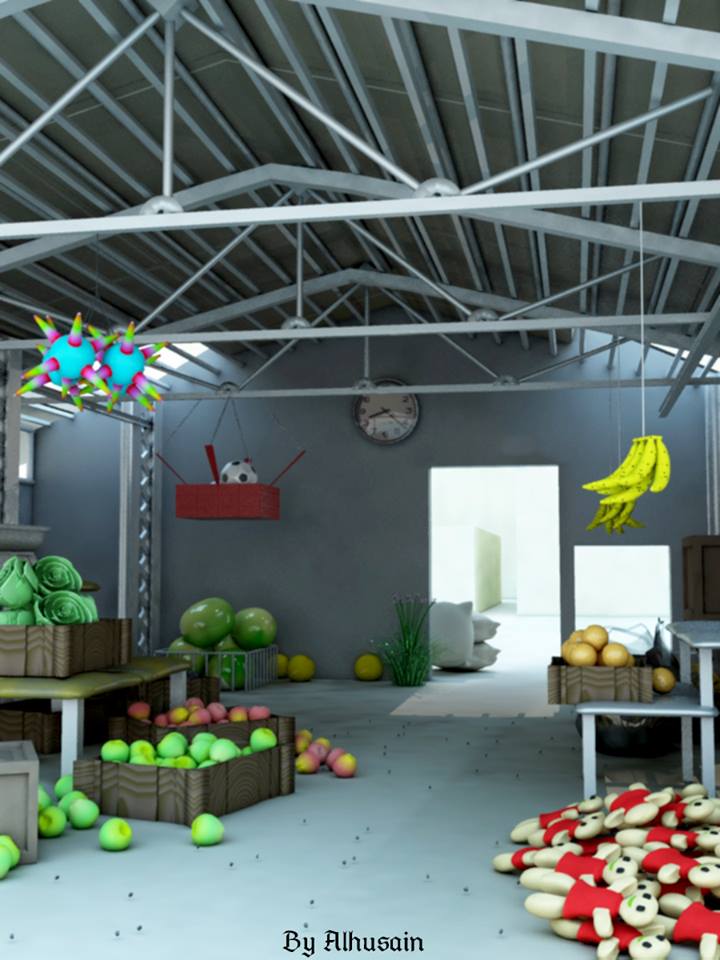 3D render of an outdoor market scene with stalls, produce, and atmospheric lighting.